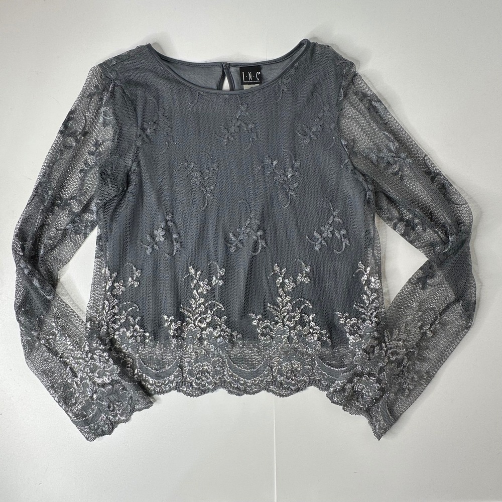 INC Gray Silver Metallic Floral Sheer Mesh Top Fairy Ethereal Dainty USA Made XL
